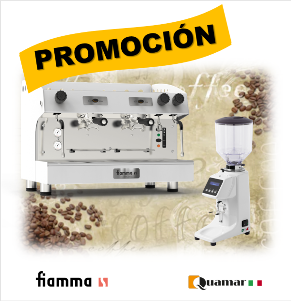 PROMOCIÓN: Para restaurantes, cafeterías, hoteles y todo Barista que desea ofrecer el mejor café: Paquete Cafetera industrial FIAMMA CARAVEL semi automática de 2 grupos by SAB + Molino QUAMAR M80T